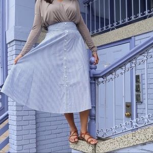 blue and white midi skirt